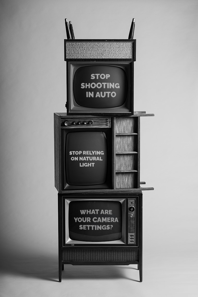 3 vintage televisions stacked on top of each other displaying 3 photography courses